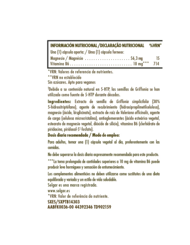 SOLGAR Griffonia 5-HTP Complex 30 Cápsulas...