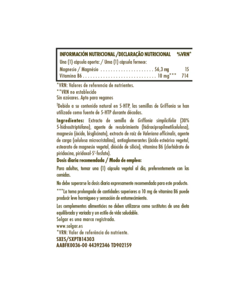 SOLGAR Griffonia 5-HTP Complex 30 Cápsulas Vegetales