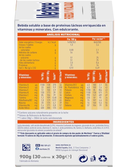 Meritene Fuerza y Vitalidad Sabor Café Descafeinado 30 Sobres